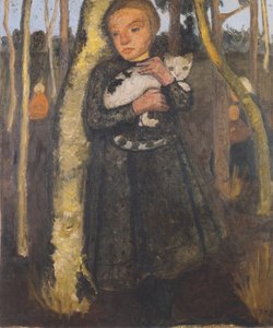 Garota na floresta de vidoeiro com gato de Paula Modersohn-Becker